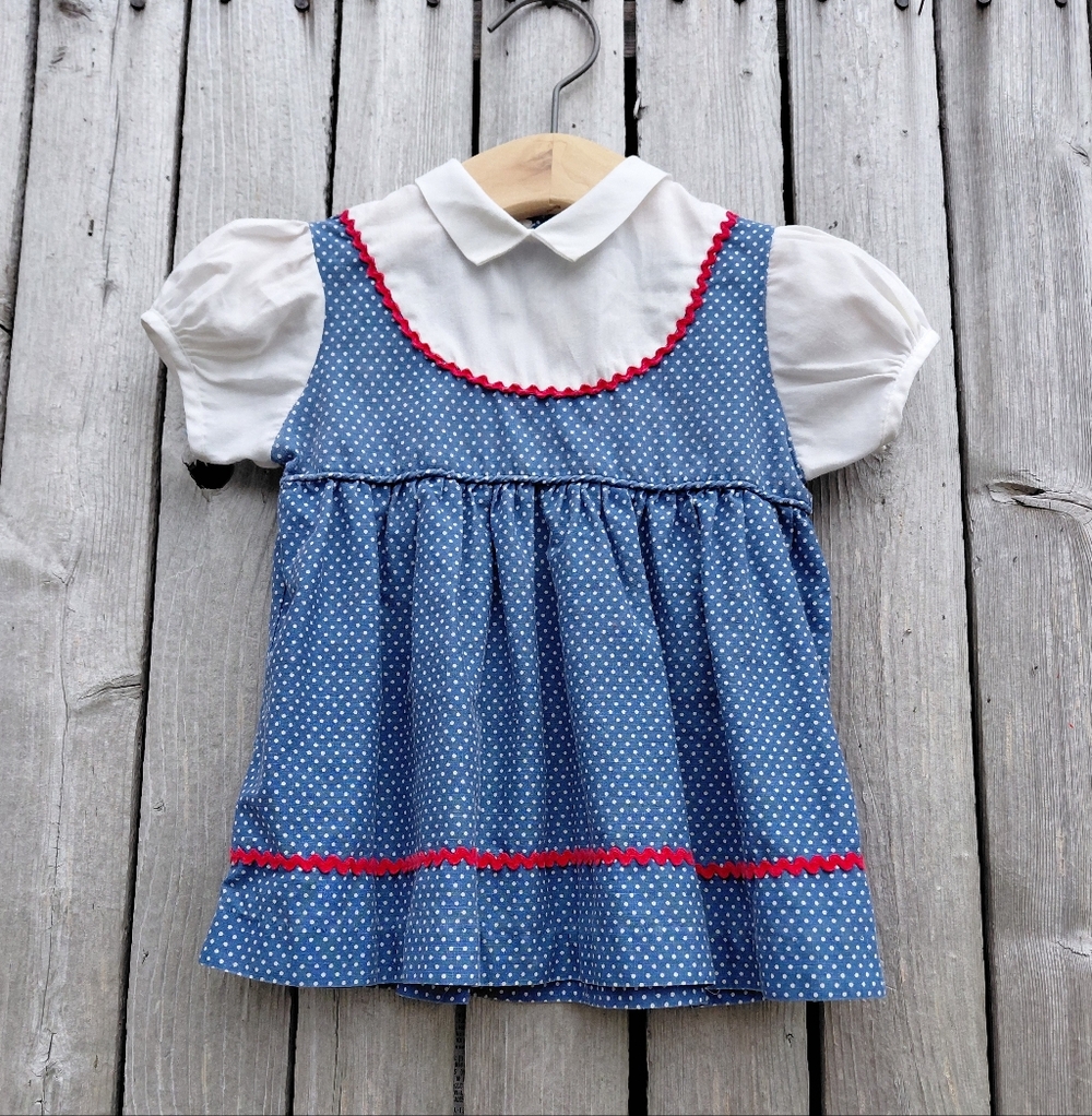 Vintage 70s handmade red rickrack & blue polka dot print cotton dress 12 months